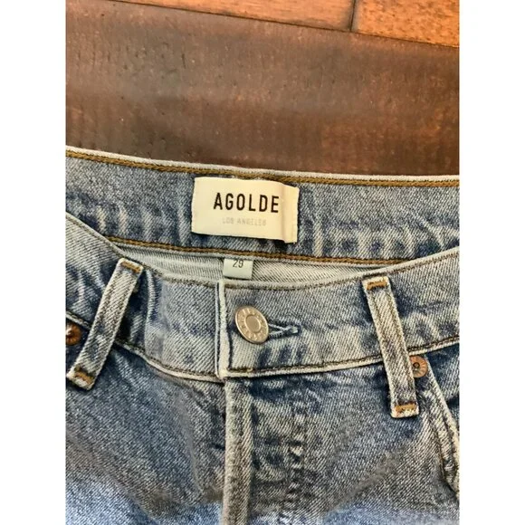 AGOLDE Light Wash Riley High Rise Straight Crop Distressed Blue Jeans, Size 29